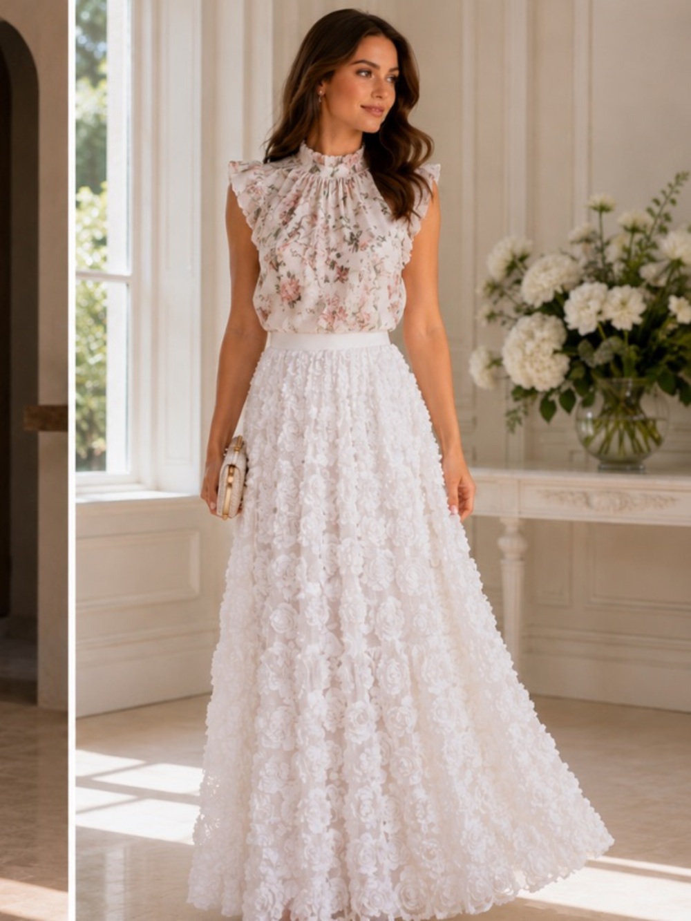 Adrianna papell BLACK & WHITE rosette flare long skirt